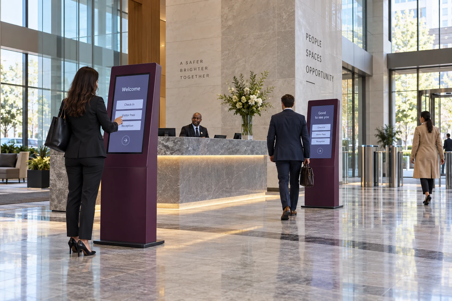 Dwa kioski obsługujące odwiedzających w lobby dużego biurowca